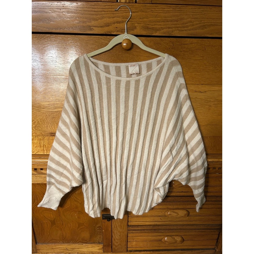 Kerisma Quiet Luxury‎ Boho Chic Striped Batwing Sweater Cream Tan Knit Boat Neck